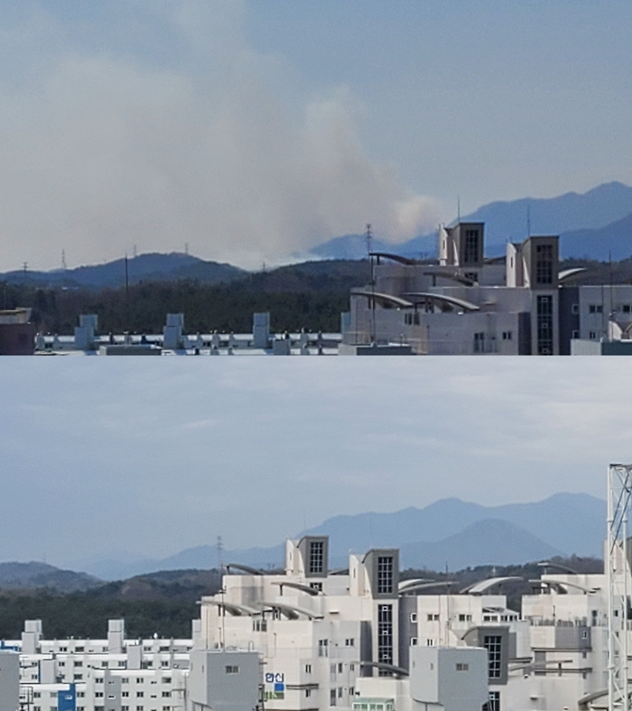 울산 남구 신정동에서 촬영한 울주군 온양읍 산불. 위 사진은 23일 오전, 아래 사진은 28일 아침 촬영 <자료=독자 제공>