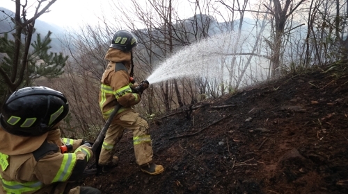 On the afternoon of the 27th, 119 firefighters are extinguishing wildfires in the mountains of Sicheon-myeon, Sancheong-gun, Gyeongsangnam-do./Courtesy of Yonhap News /