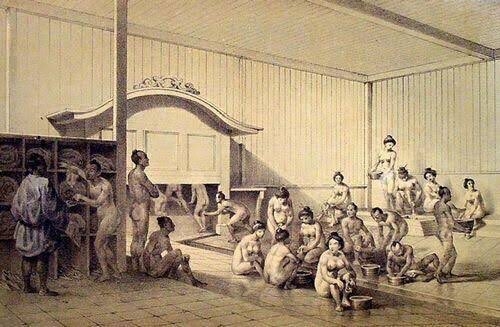 日本の開港を誘導した米ペリー提督の「日本遠征記」に登場する江戸時代の日本人が銭湯で入浴する姿を描いた挿絵。
