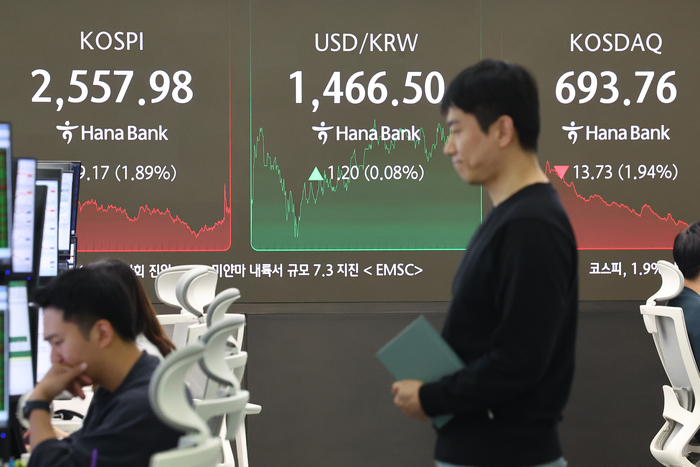 28日、ソウル中区ハナ銀行本店のディーリングルームの現況板にコスピ、コスダック指数が表示されている。 【写真=聯合ニュース】